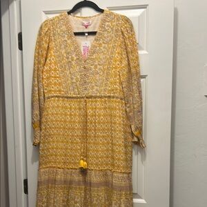 Boho Tassel Tie Yellow Long Sleeve Maxi Dress